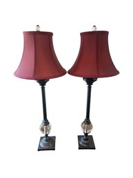 Pair Table Lamps With Glass Ball Bottom And Red Shades