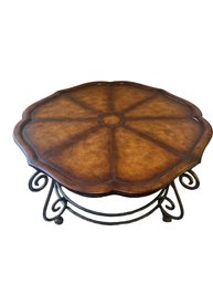 Scalloped Coffee Table With Carved Wood, Faux Leather Top And Iron Base Coffee Table