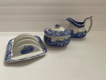 Spode Blue And White Creamer And Sugar Toast Server Rack