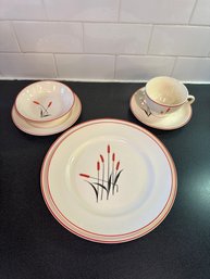 Vintage Universal  Cambridge Pottery Red Cattail Pattern