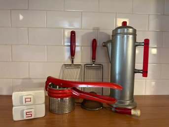 Lot Of Vintage Intake Red Kitchen Food Preparation Items