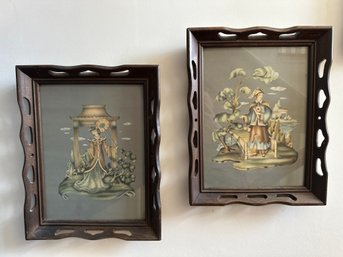 Rare Vintage Asian Lady And Man Pagoda Lithograph Prints Framed