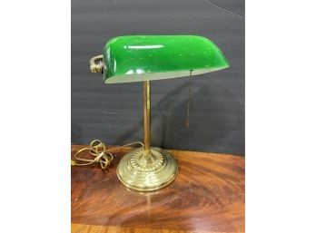 Vintage Brass Bankers Lamp W/ Green Shade