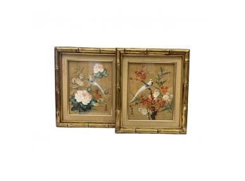 Bird Of Paradise Chinoiserie Framed Art, Gilded Faux Bamboo Frame.  Set Of 2