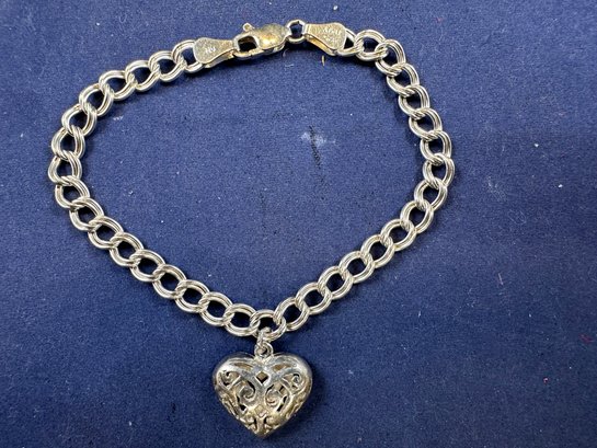 Sterling Silver Charm Bracelet With Heart Charm, 7'
