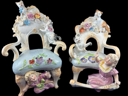 Pair Of Vintage 8' BISQUE PORCELAIN CHAIR & ROCKING CHAIR WITH ADORABLE KITTENS & LITTLE GIRLS, GERMANY