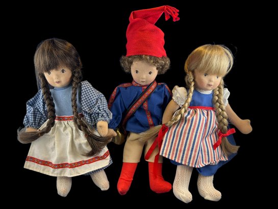 Beautiful Collection Of 3, Vintage,  Kathy Kruse?, Swiss Stockinette, Cloth Dolls, Waldorf, 11 Tall