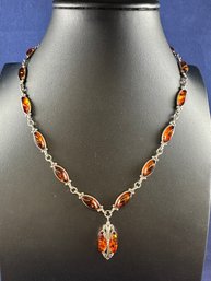 Sterling Silver And Amber Pendant Necklace, 16'