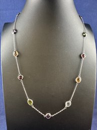 Sterling Silver  Station Necklace With Peridot, Garnet, Blue Topaz, Citrine And Amethyst, 20'