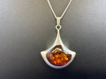 Sterling Silver And Amber Pendant Necklace, 18'