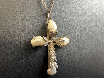 Vintage Sterling Silver & Pearl Cross Necklace, 18'