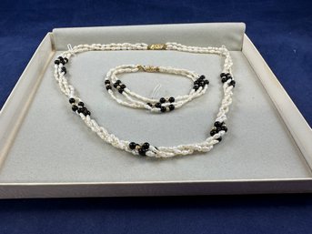 14K Yellow Gold Triple Strand Freshwater Pearl And Black Onyx Necklace And Bracelet Set, In Original Box