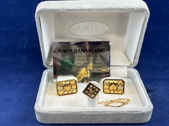 Amita Damascene Cuff Links And Tie Pin - Inlaid With 24K Gold And Sterling Silver, New In Box