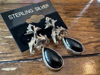 Sterling Silver Black Onyx Flower Earrings