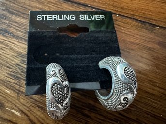 Sterling Silver Stud Ornate Hoop Earrings