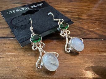 Sterling Silver Moonstone And Emerald? Earrings