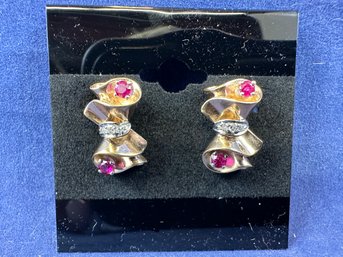 14K Yellow Gold Ruby And Diamond Earrings