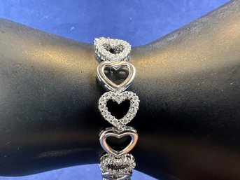 Sterling Silver Heart With Diamond Simulant Bracelet, 7'