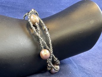 Sterling Silver Triple Strand Pearl And Amber Bead Bracelet, 8'