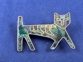 Vintage Tumbaga Mexico Cat Brooch Pin Azurite Malachite Inlay Gold Copper