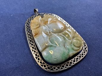 14K White Gold Carved Jade Floral Pendant, Large And Unique