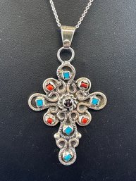 Sterling Silver Cross With Turquoise, Coral And Onyx Accents, 16' Chain