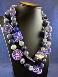 Double Strand Sky Blue Agate, Lapiz & Painted Shell Beads, 18'