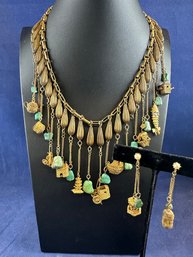 Vintage Asian Necklace And Screwback Earrings, 16'