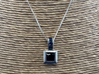 Sterling Silver Necklace With Blue Faceted Square Pendant - Might Be Lab Made Sapphire, 18'