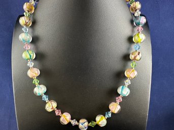 Sterling Silver Murano Glass Beads And Crystal Adjustable Necklace, 18-20'