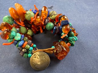 Buffalo Nickel Five Strand Bracelet With Amber, Turquoise, Coral And Lapiz, 8' - Lot 1