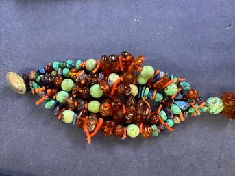 Buffalo Nickel Five Strand Bracelet With Amber, Turquoise, Coral And Lapiz, 8' - Lot 2