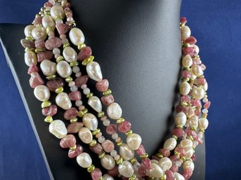 Sterling Silver Pearl And Natural Pink Stone Four Strand Necklace With Toggle Clasp, 18'