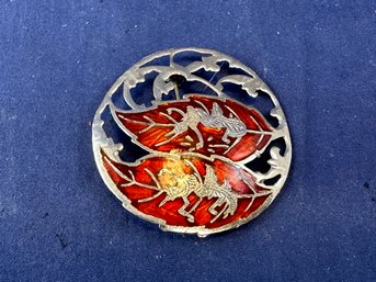 Sterling Silver Amber Colored Enamel Leaf Pin Brooch