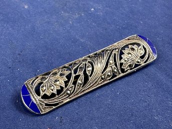 Sterling Silver Marcasite And Lapis Vintage Pin Brooch
