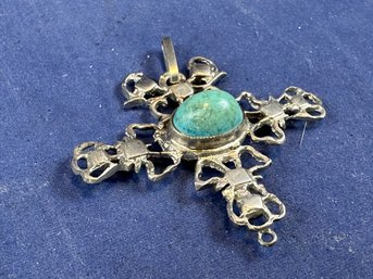 Sterling Silver Cross Pendant With Turquoise Cabochon