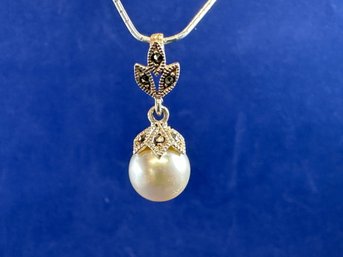 Sterling Silver Marcasite And Pearl Drop Pendant