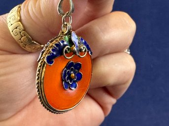 Vintage Chinese Carnelian Butterfly And Flower Enamel Pendant 925 Silver