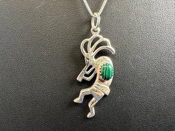 Sterling Silver Kokopelli With Green Malachite Stone On Box Chain, 18'