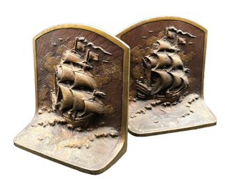 Pair Of Antique Arts & Crafts Spanish Brass Galleon Sailing Ship Bookends