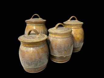 Set Of Four Graduated Craftsman Ceramic Earth Tone Jars, Signed By Artisan