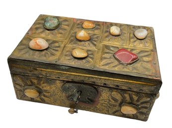 Small Metal Hinged Box Adorned With Cabochons