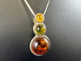 Fall Multi-Color Amber Sterling Silver Pendant On Sterling Silver Box Chain, 18'