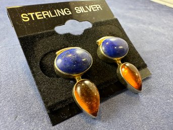 Fall Amber And Lapis Sterling Silver Earrings