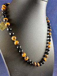 Fall 14K Black Onyx And Tigers Eye Bead Necklace, 18', New With Tags