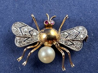 14K Yellow Gold Bee Pin With Diamond, Pearl And Ruby Accents