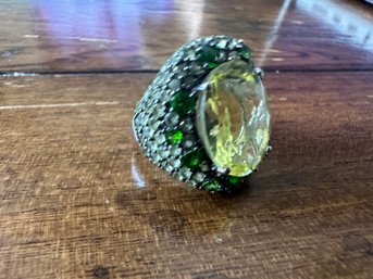 Sterling Silver Green And Yellow Stone Ring, Size 7