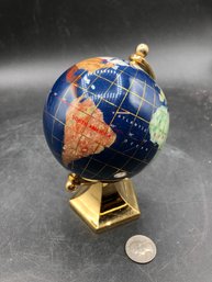 Globe Blue Lapis With Semi Precious Inlaid Gemstones & Brass Stand Desktop