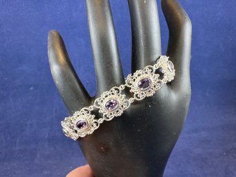 Sterling Silver & Amethyst Bracelet With Safety, 8'