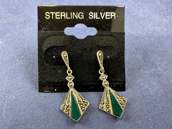 Sterling Silver & Marcasite With Green Stone Earrings